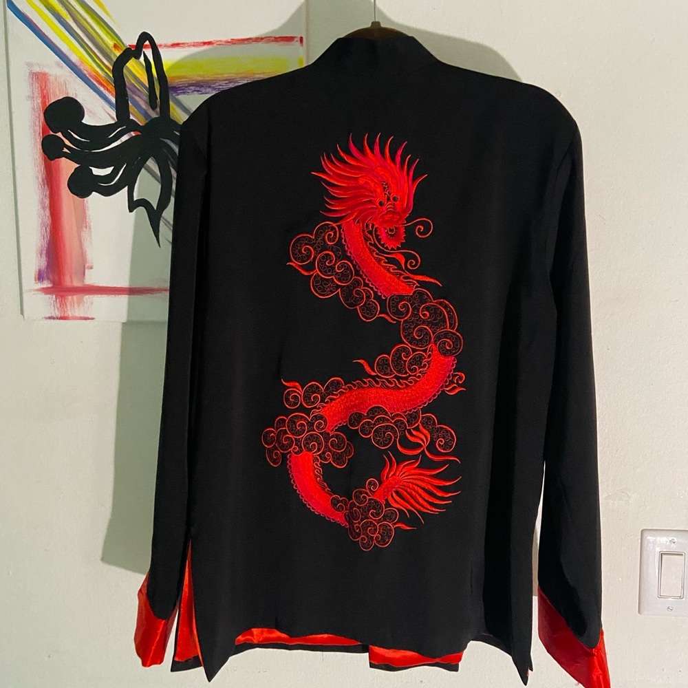 Chinese Dragon Embroidered Tang Jacket, Black, Red, 100% Silk, Size L
